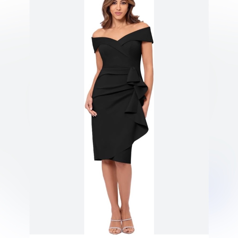 New Xscape Short Scuba Off Shoulder Ruffle Dress